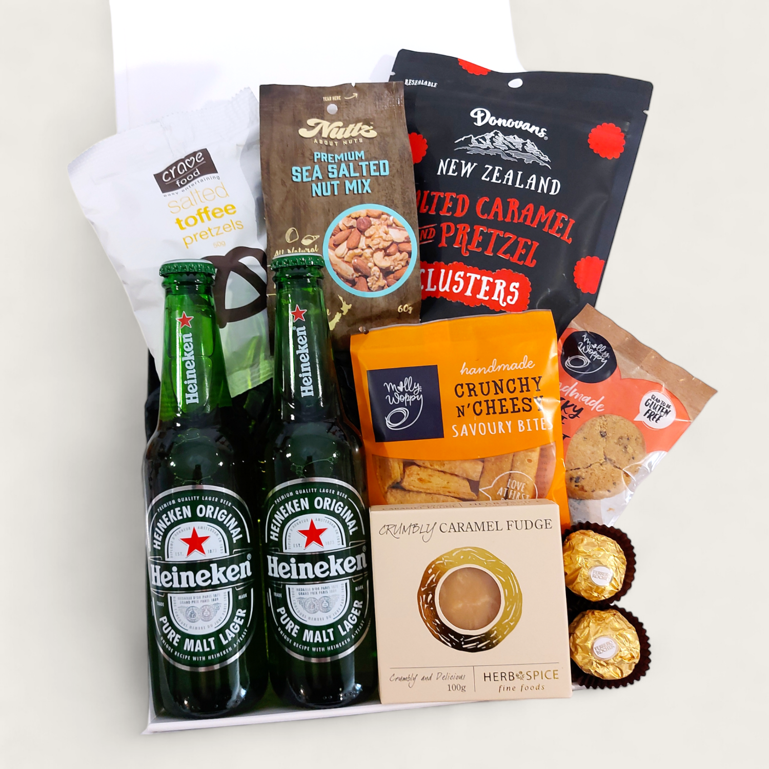 Craft Beer, chocolate, nuts and nibbles gift basket for men.