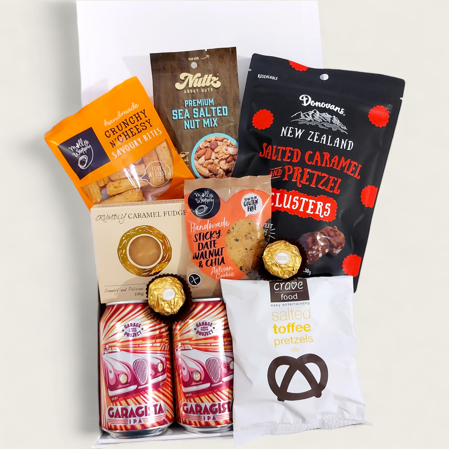 Craft Beer, chocolate, nuts and nibbles gift basket for men.