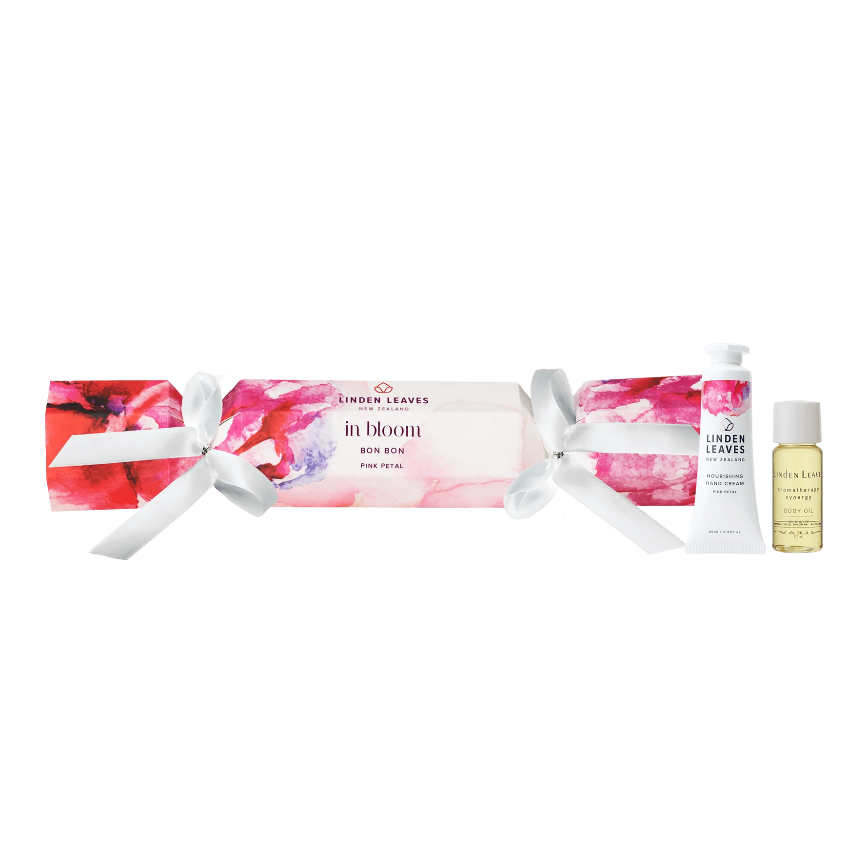 Linden leaves pink petal bon bon with hand cream and body oil.