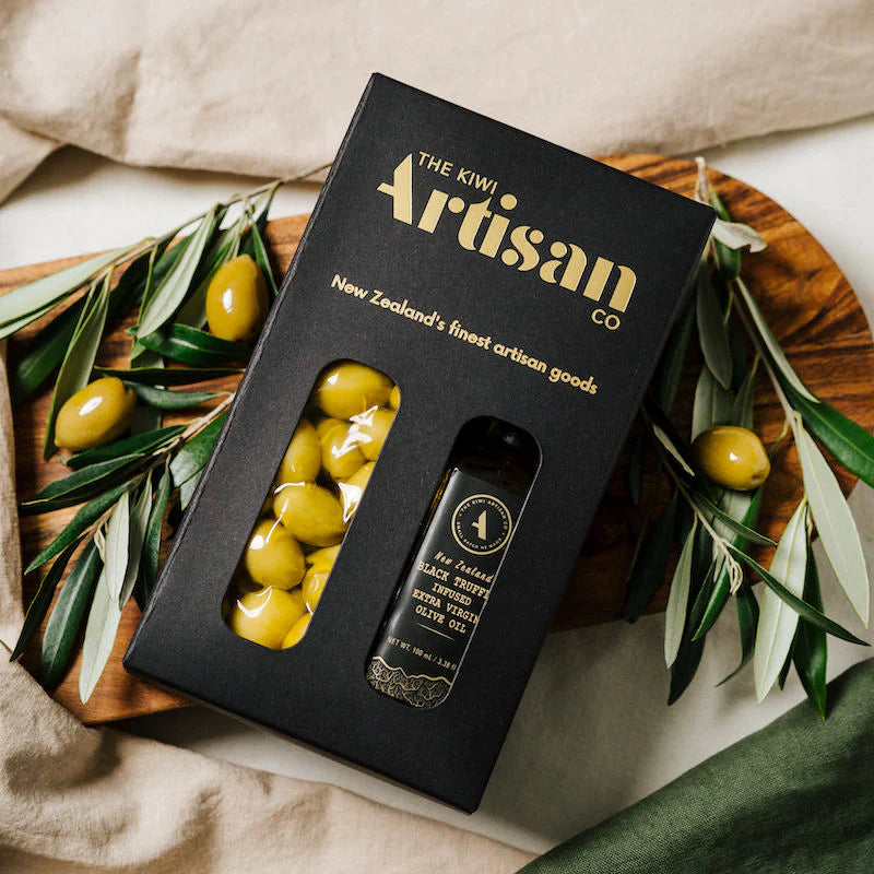 kiwi artisan truffle lovers gift pack with truffle infused olive oil & olives.