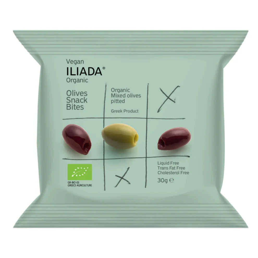 Organic Olives Snack Bites, Greek pitted olives in a convenient snack pack, perfect for gourmet gift boxes and healthy on-the-go snacking.