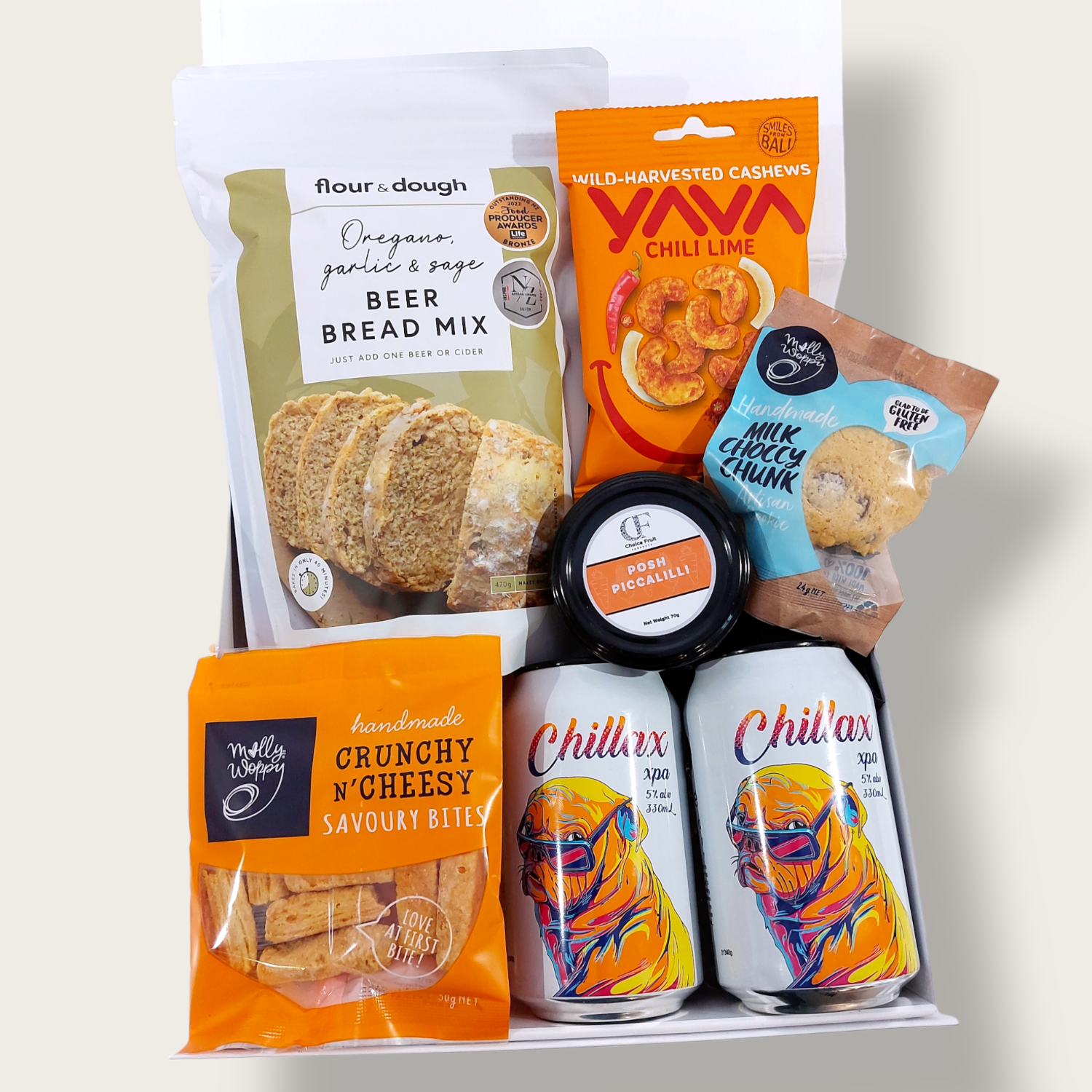 Beer O'clock with two crafty beers, beer bread, and nibbles. Presented in a modern Gift Box.