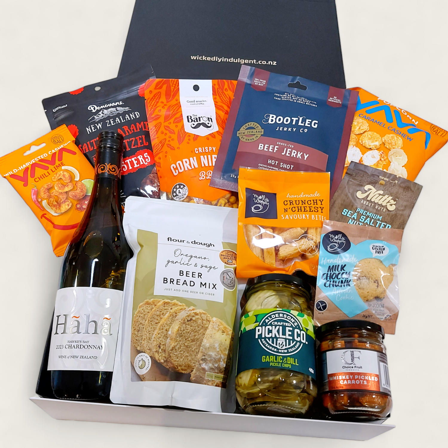 Mens Gift Basket with wine, jerky, pickles, whisky pickled carrots and more all beautifully presented in a modern gift box
