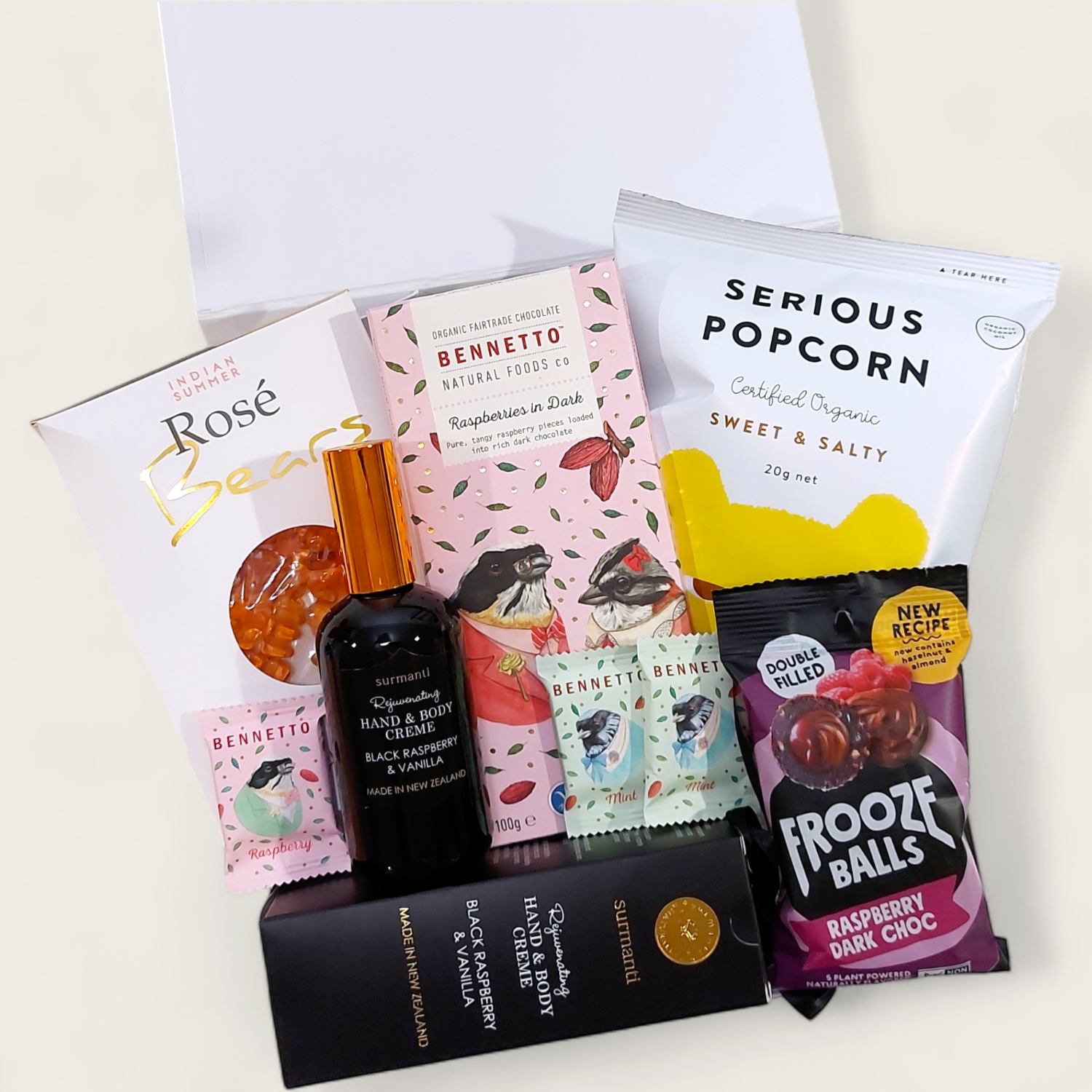 Gluten Free & Dairy Free Gift Box for Her with chocolate, hand cream, lollies and bliss balls.