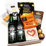 Craft Beer, chocolate, nuts and nibbles gift basket for men.