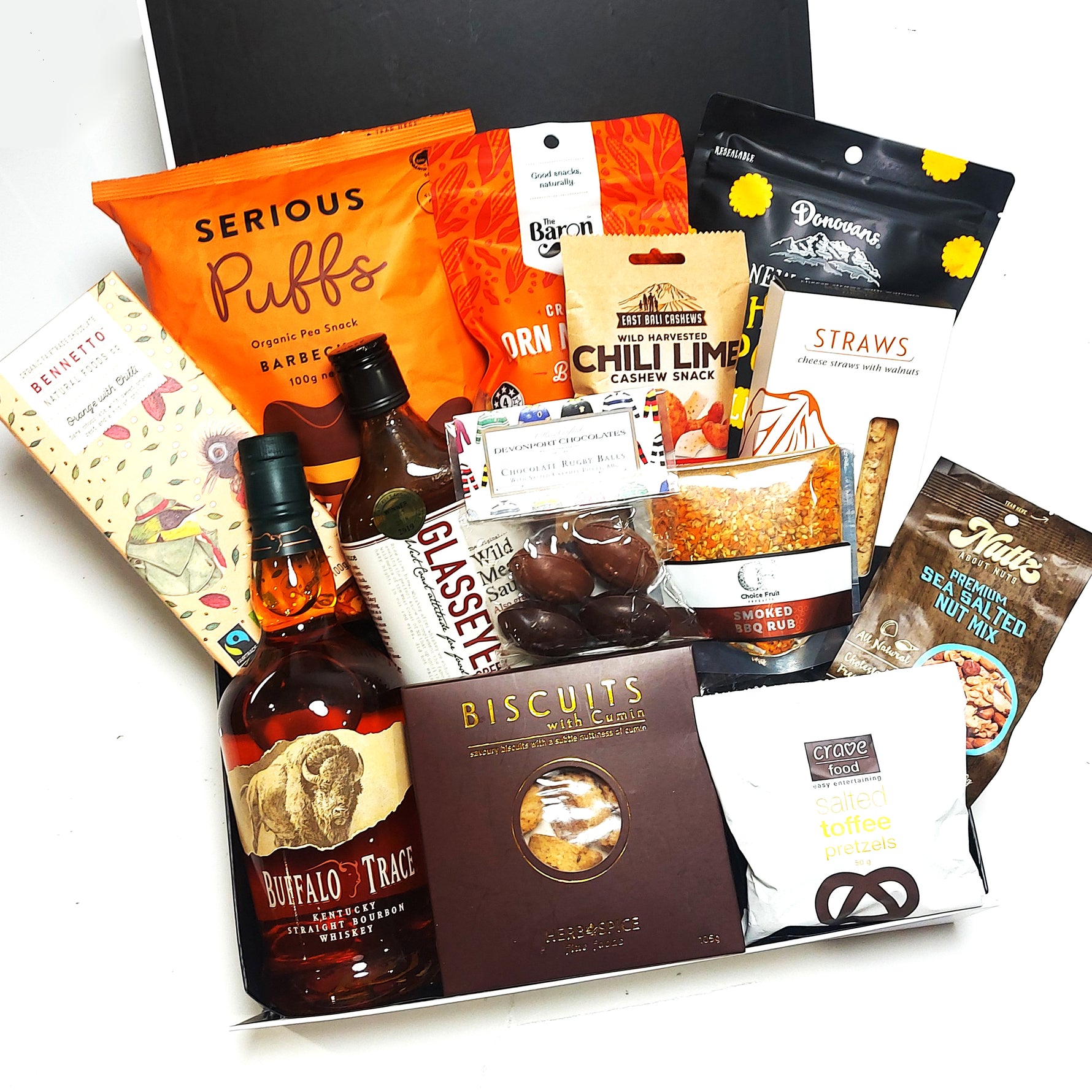 Big Buffalo Gift Box with Buffalo Trace Bourbon, cumin biscuits, BBQ Rub, and more. Presented in a modern Gift Box.