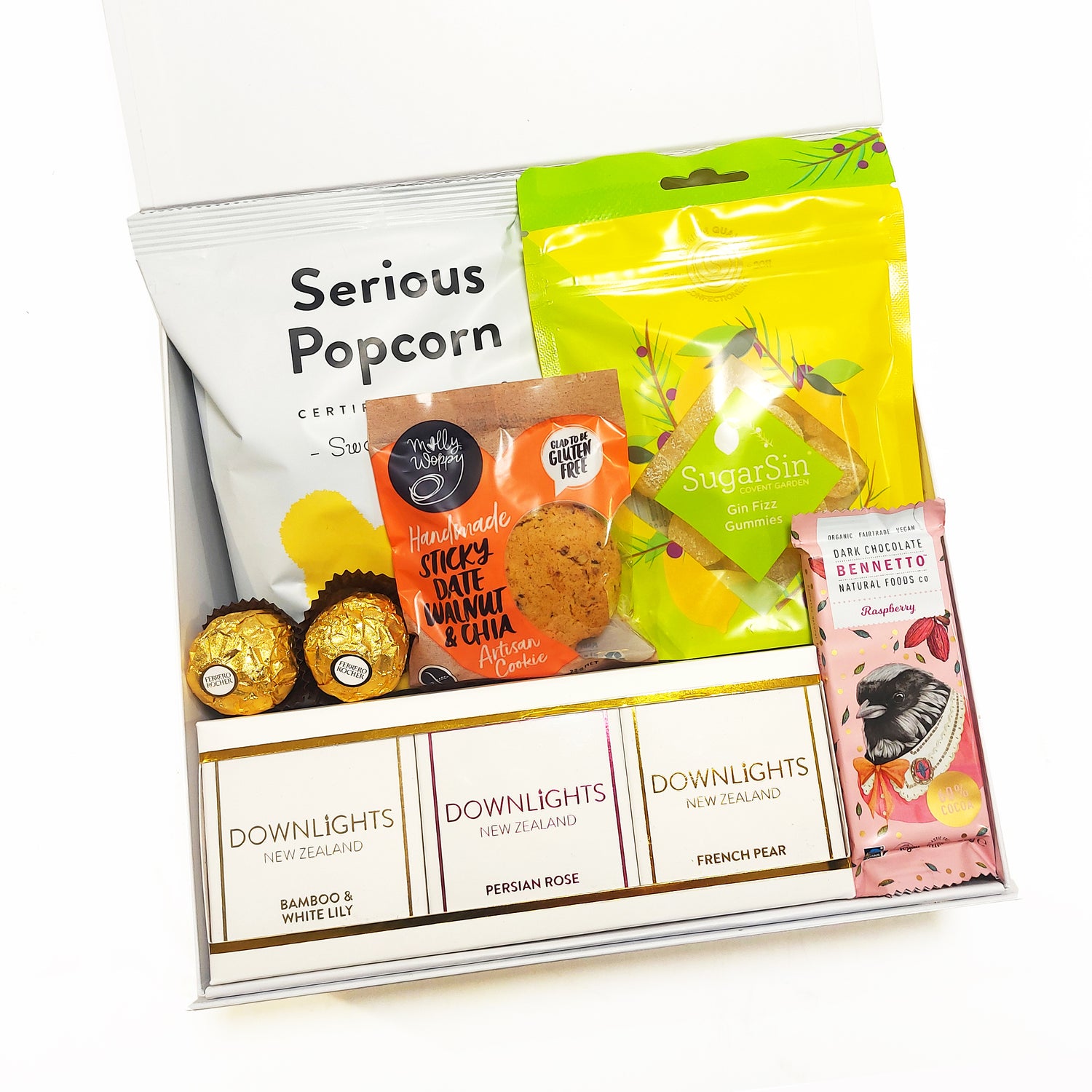Gift Hamper with three Downlights mini candles gift set & sweets. Presented in a modern gift box.