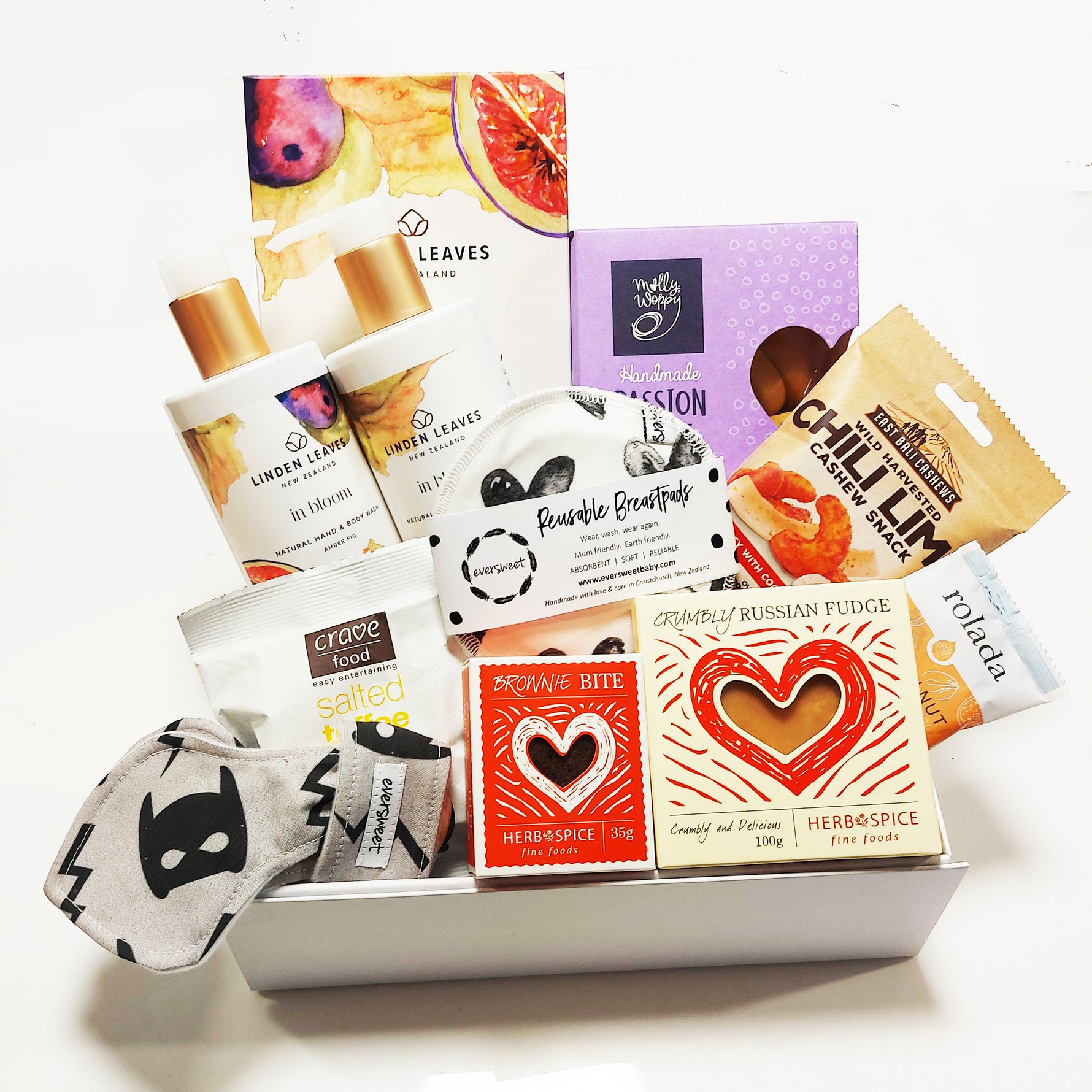 Mum & Bubs Baby & Pamper Gift Basket with Linden Leaves  Body lotion & Wash, Eversweet Teething Ring & Breastpads & Delicious Snacks.