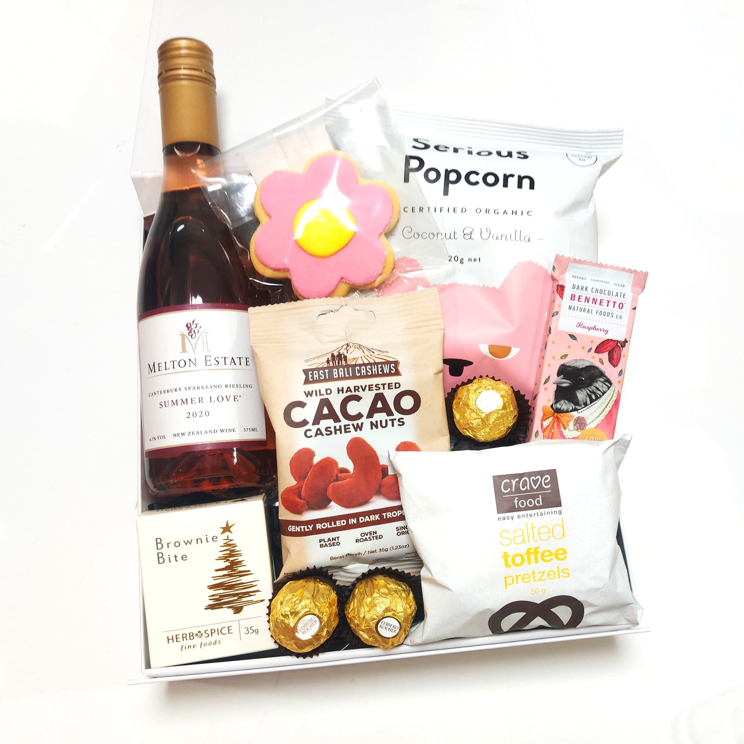 Summer love gift Basket with Sparkling Riesling, Popcorn, Pretzels and Nibbles. Presented in a modern gift box.