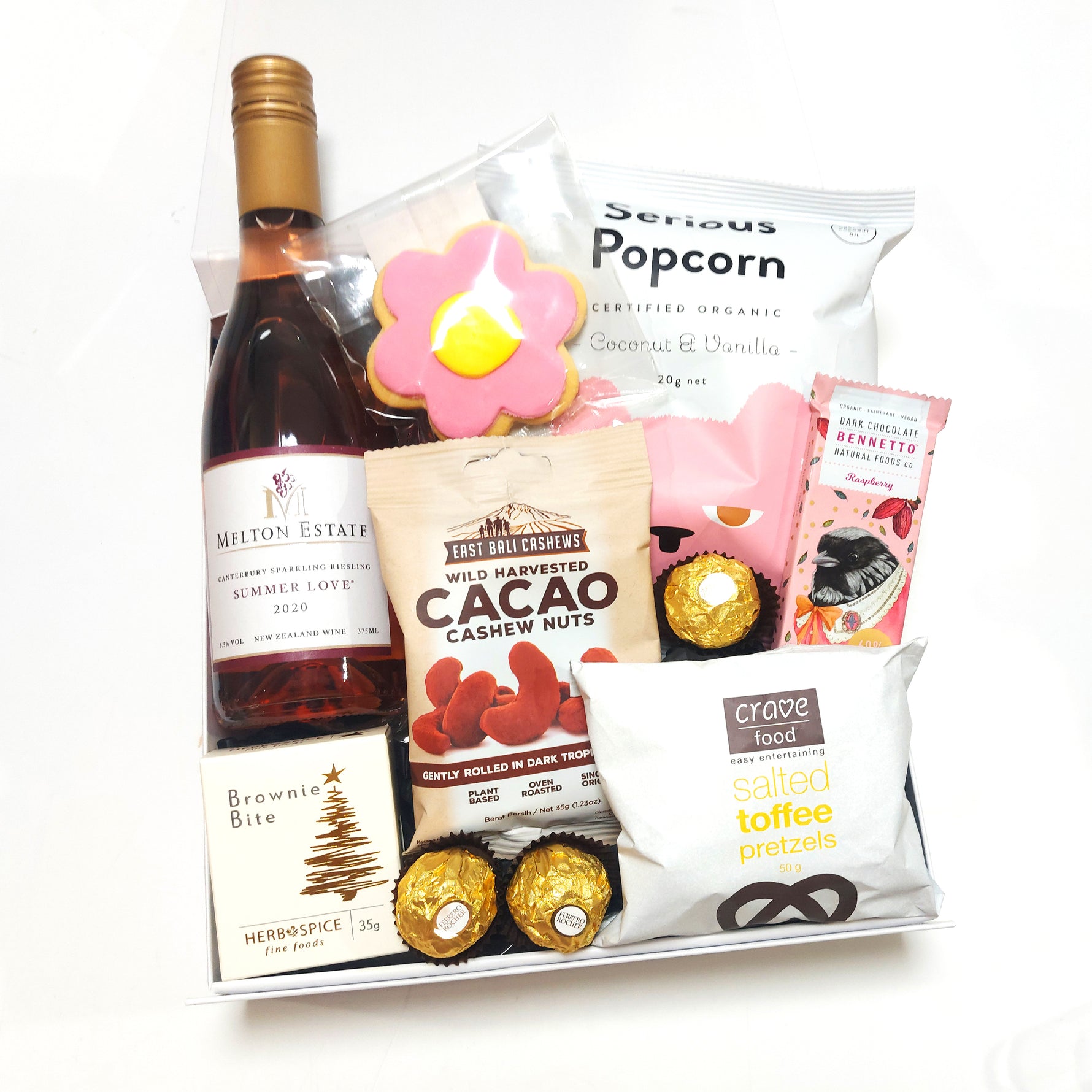 Summer love gift Basket with Sparkling Riesling, Popcorn, Pretzels and Nibbles. Presented in a modern gift box.