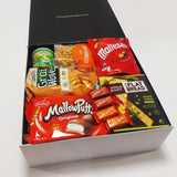 Fridays on the Mind Gift Basket with Wine, Chips, tim Tams, Mallowpuffs, Maltesers, whittaker and cadbury chocolate and more presented in a modern Gift Box.