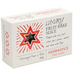 Luxury Fruit Cake Slice from Herb & Spice, rich festive cake packed with vine fruit, citrus peel, nuts, and a touch of rum.