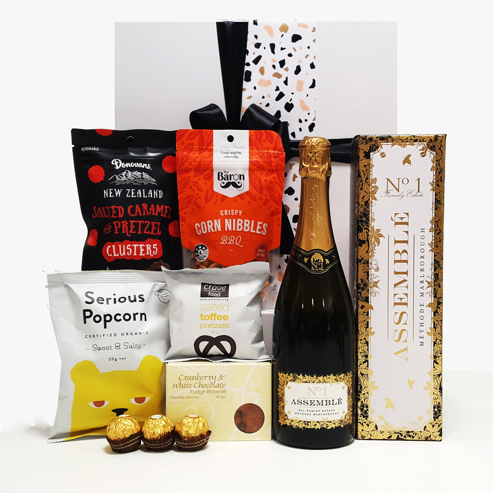 Make it Pop champagne gift basket and nibbles.