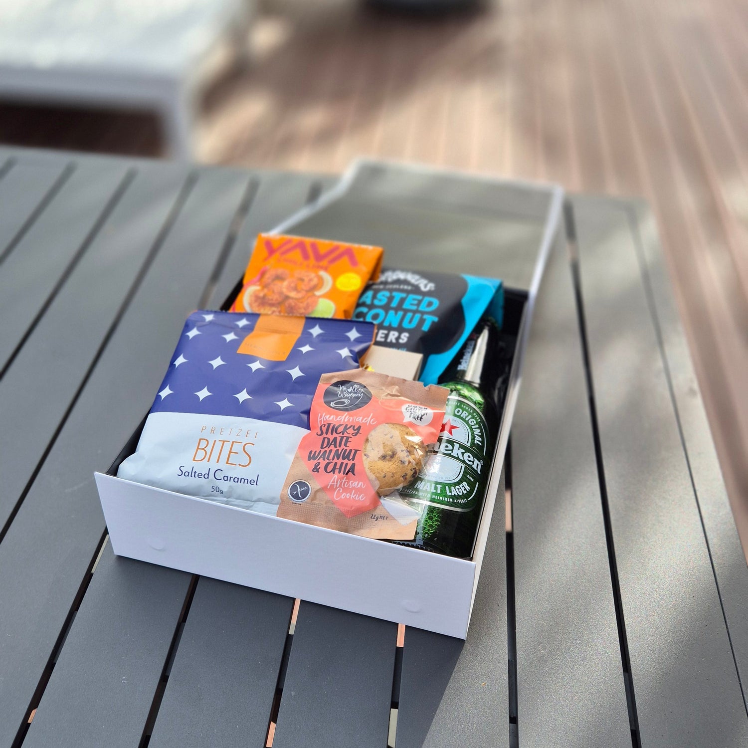 Gift hamper with Heinekin beer and snacks including nuts, chocolate and cookies, perfect gift for him NZ wide delivery