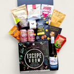Ales, Alibis & Accusations gift box with craft beer, snacks, and a Escape Room game, perfect for team or Friendmas gifting.