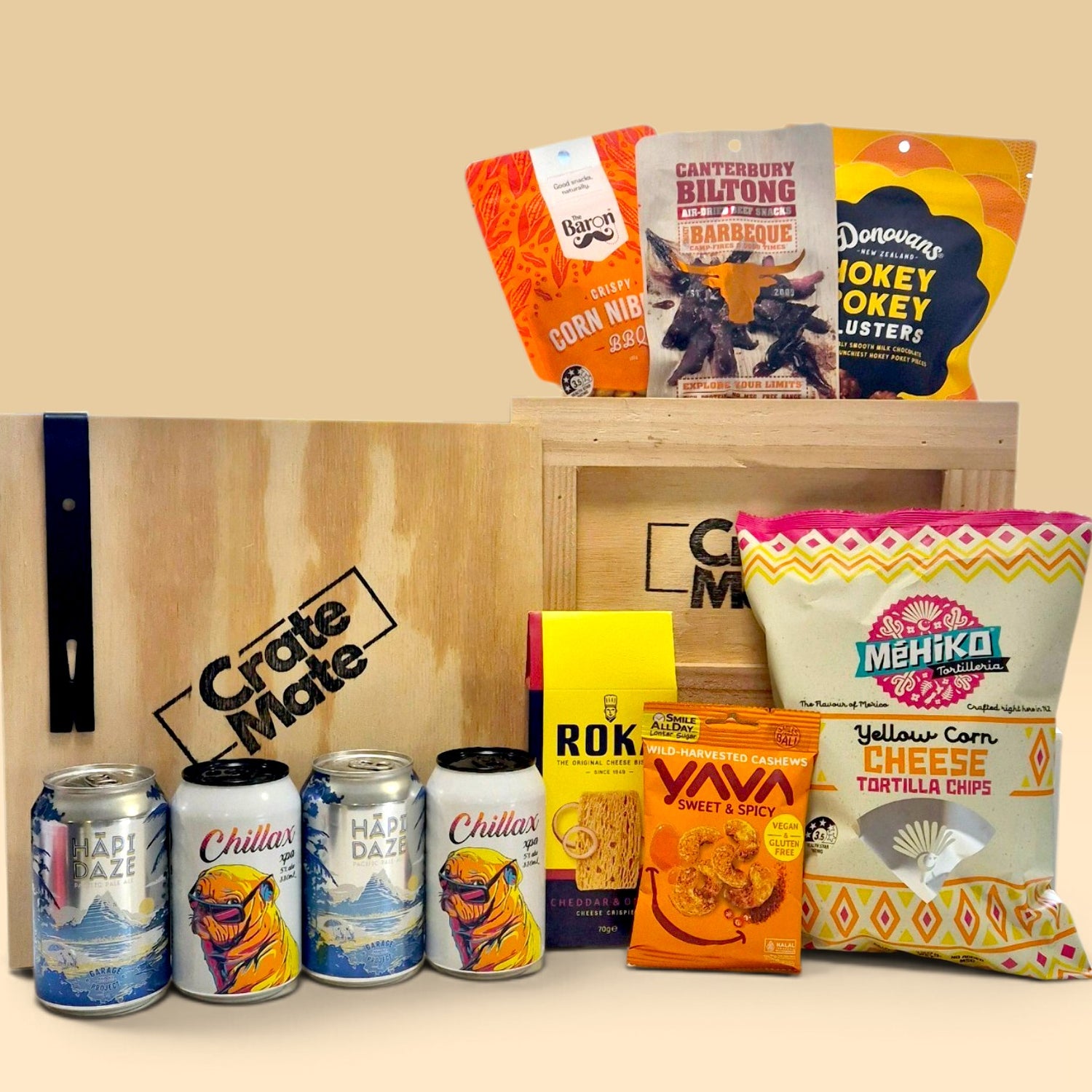 Craft beer gift crate for men with beer, biltong, chips, cashews and savoury snacks, packed in a wooden crate with crowbar.