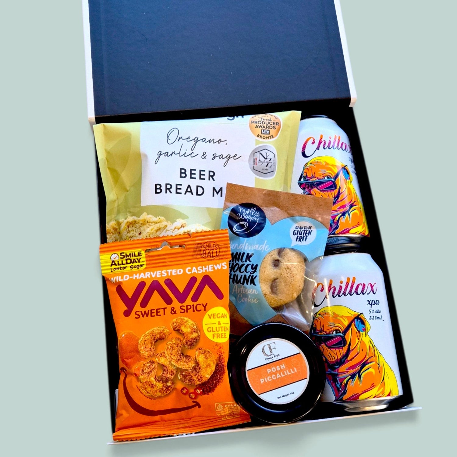 Beer O'clock gift box for beer lovers with two craft beers, beer bread,  and nibbles. Presented in a modern Gift Box.