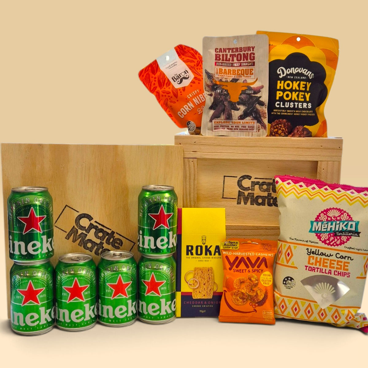 beer gift crate for men with beer, biltong, chips, cashews and savoury snacks, packed in a wooden crate with crowbar.