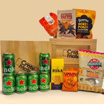 beer gift crate for men with beer, biltong, chips, cashews and savoury snacks, packed in a wooden crate with crowbar.