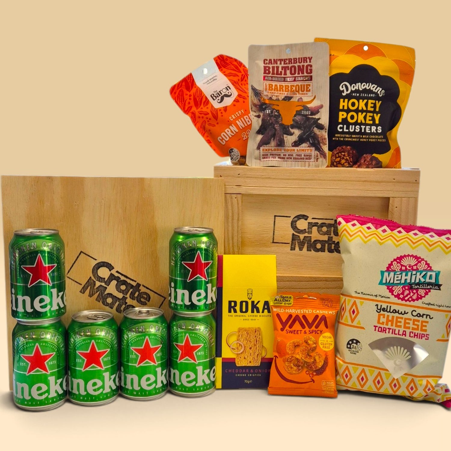 beer gift crate for men with beer, biltong, chips, cashews and savoury snacks, packed in a wooden crate with crowbar.