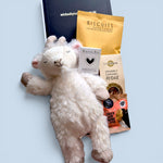 Billy Goat Cuddles new baby gift box with a soft billy goat plush, chocolate, biscuits and treats for new parents.