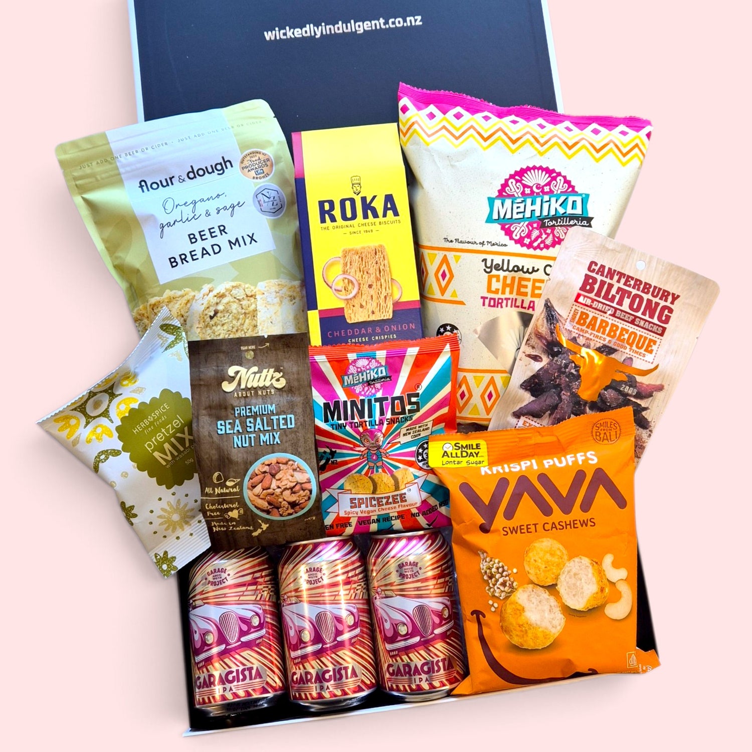 Craft beer gift box with Garage Project beer, beer bread mix, tortilla chips, biltong, nut mix, pretzels and savoury snacks.