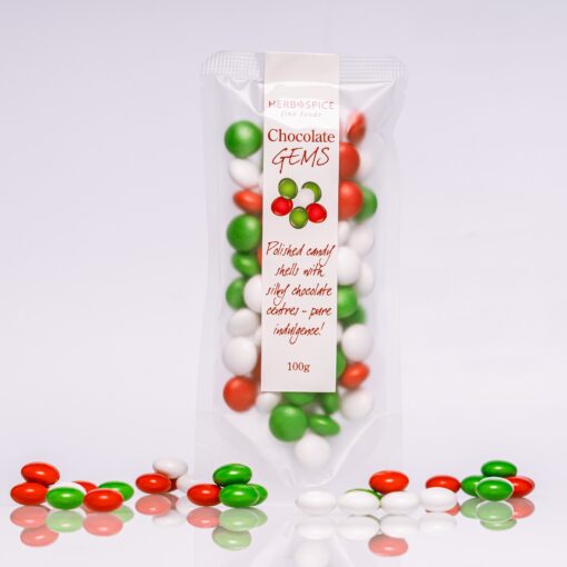 Christmas Chocolate Gems in red, green and white candy shells, the perfect festive add-on treat for gift boxes or hampers.