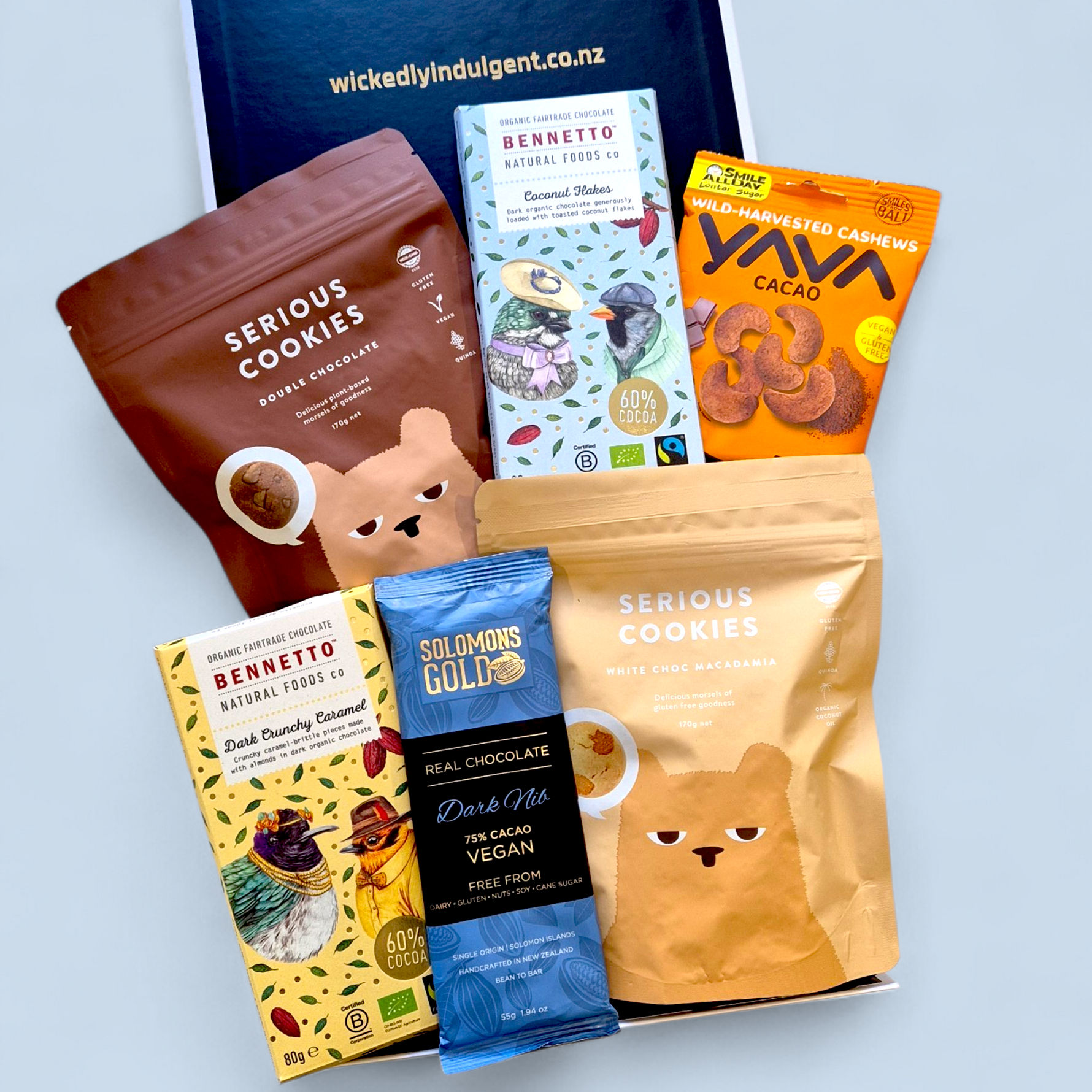Gluten free, dairy free chocolate gift box NZ with cookies, chocolate bars and snack treats