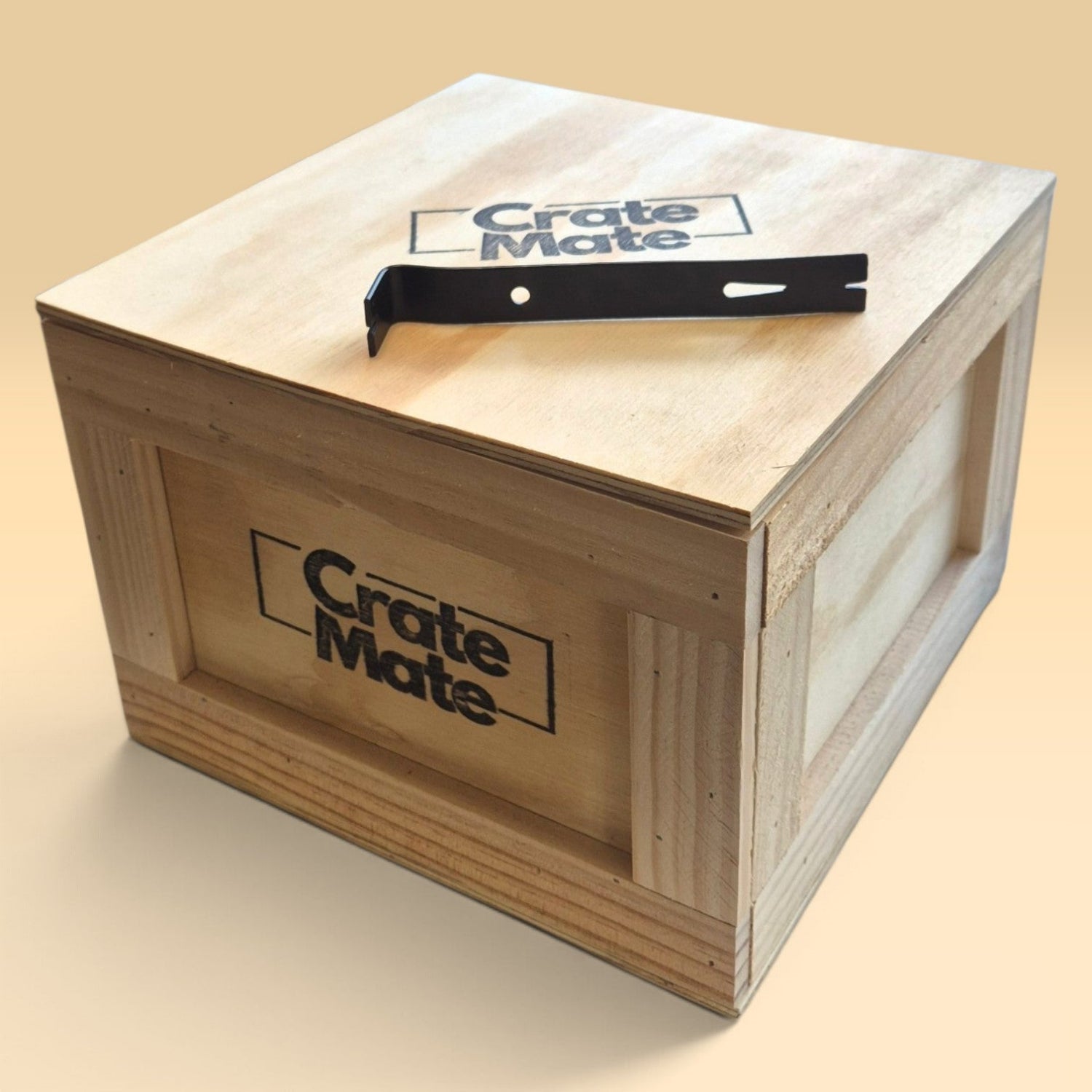 Sealed wooden snack gift crate with included crowbar, designed as a fun gift for birthdays, Father’s Day and thank you gifts.