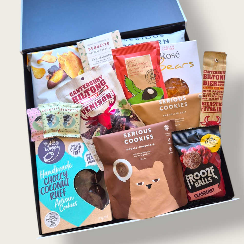 Treats on Repeat gluten-free dairy-free gift box featuring cookies, biltong, chocolate, and snacks. Perfect allergy friendly hamper for gifting NZ wide.