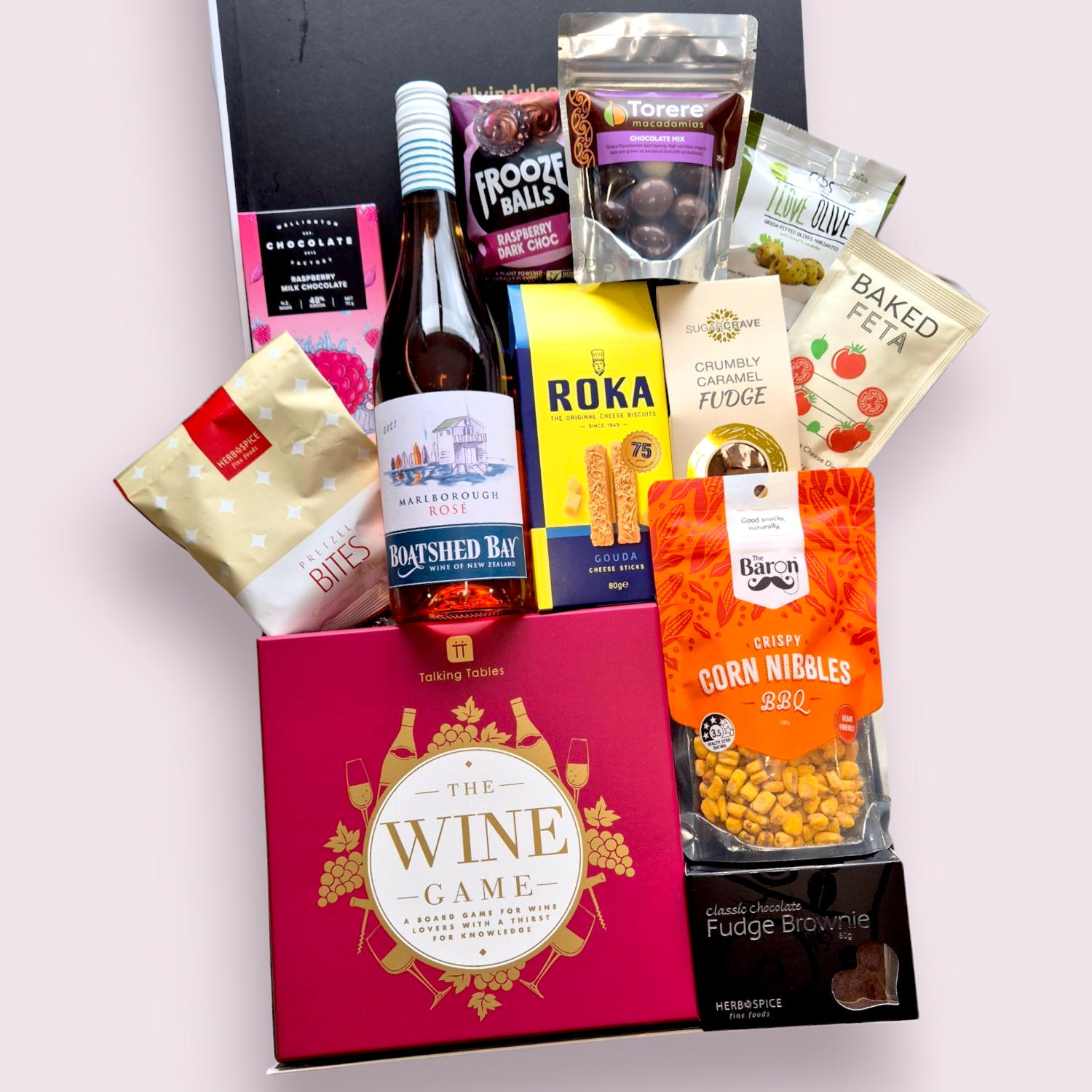 Drink & Think Wine Board Game Gift Box with NZ wine, gourmet snacks, and a fun wine-themed board game, the perfect night-in hamper.