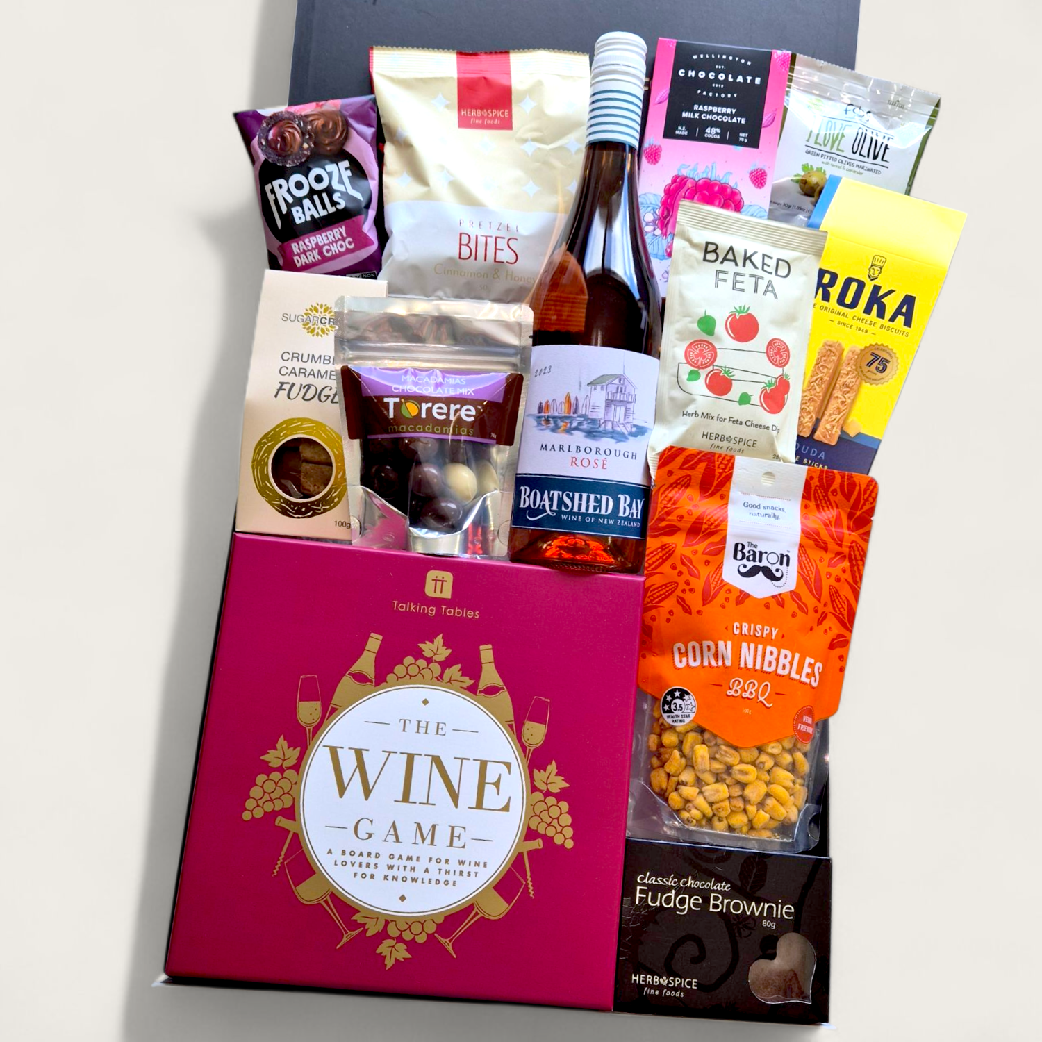 Drink & Think Wine Board Game Gift Box with NZ wine, gourmet snacks, and a fun wine-themed board game — the perfect night-in hamper.