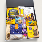 Chocolate Easter gift box filled with sweets, popcorn and chocolate bunny