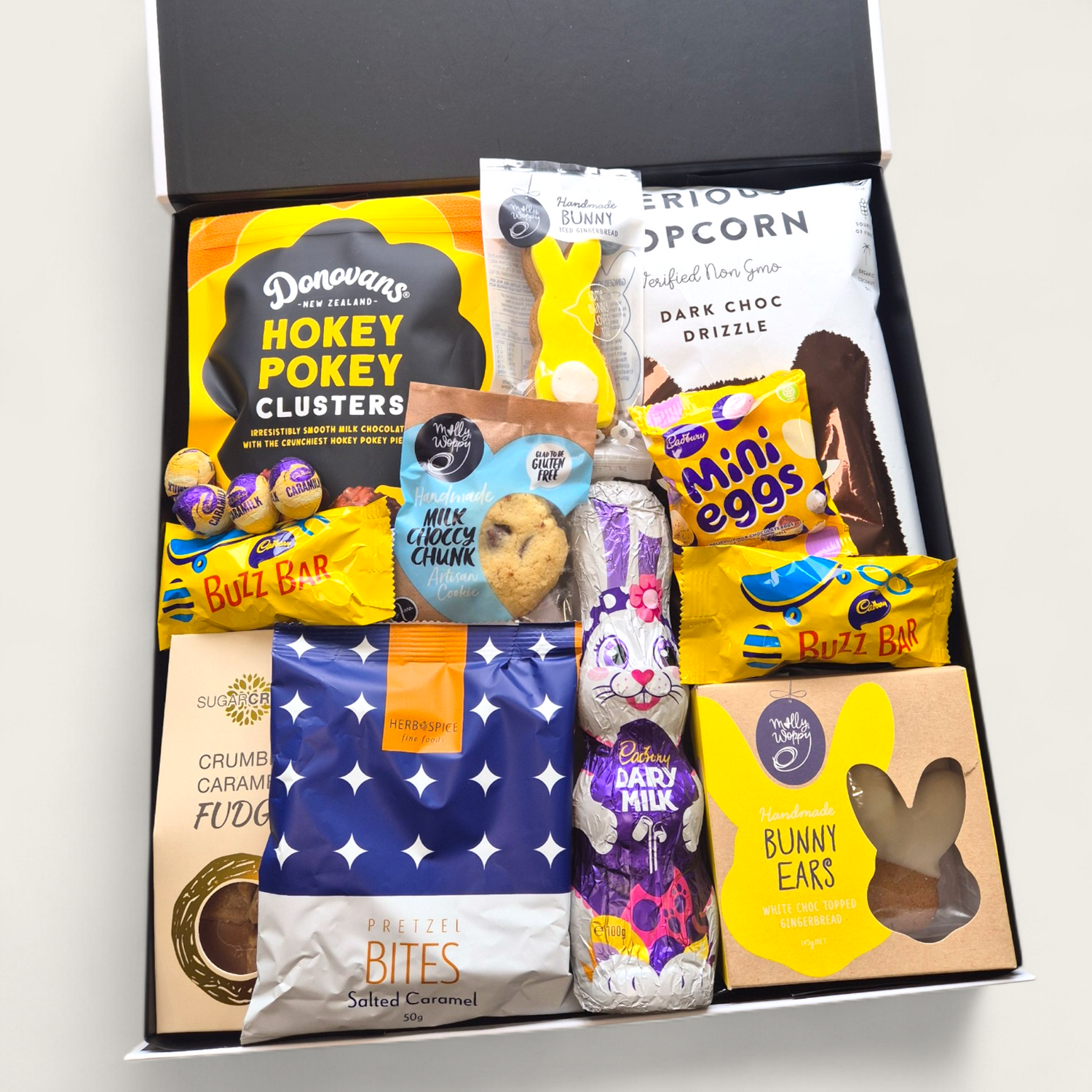 Chocolate Easter gift box filled with sweets, popcorn and chocolate bunny