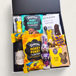 Easter gift box with sparkling wine, chocolate bunny, hokey pokey clusters and gourmet snacks
