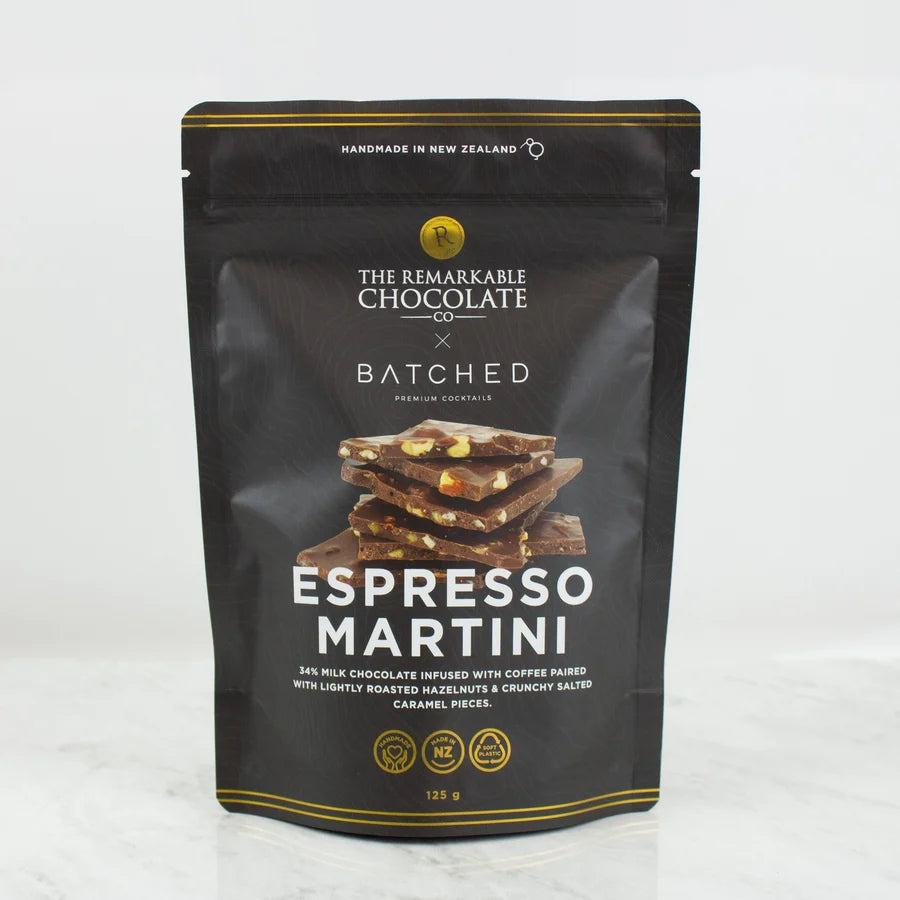 Remarkable Chocolate Co. Espresso Martini Chocolate Bark 125g in black packaging, with milk chocolate, roasted hazelnuts and salted caramel.