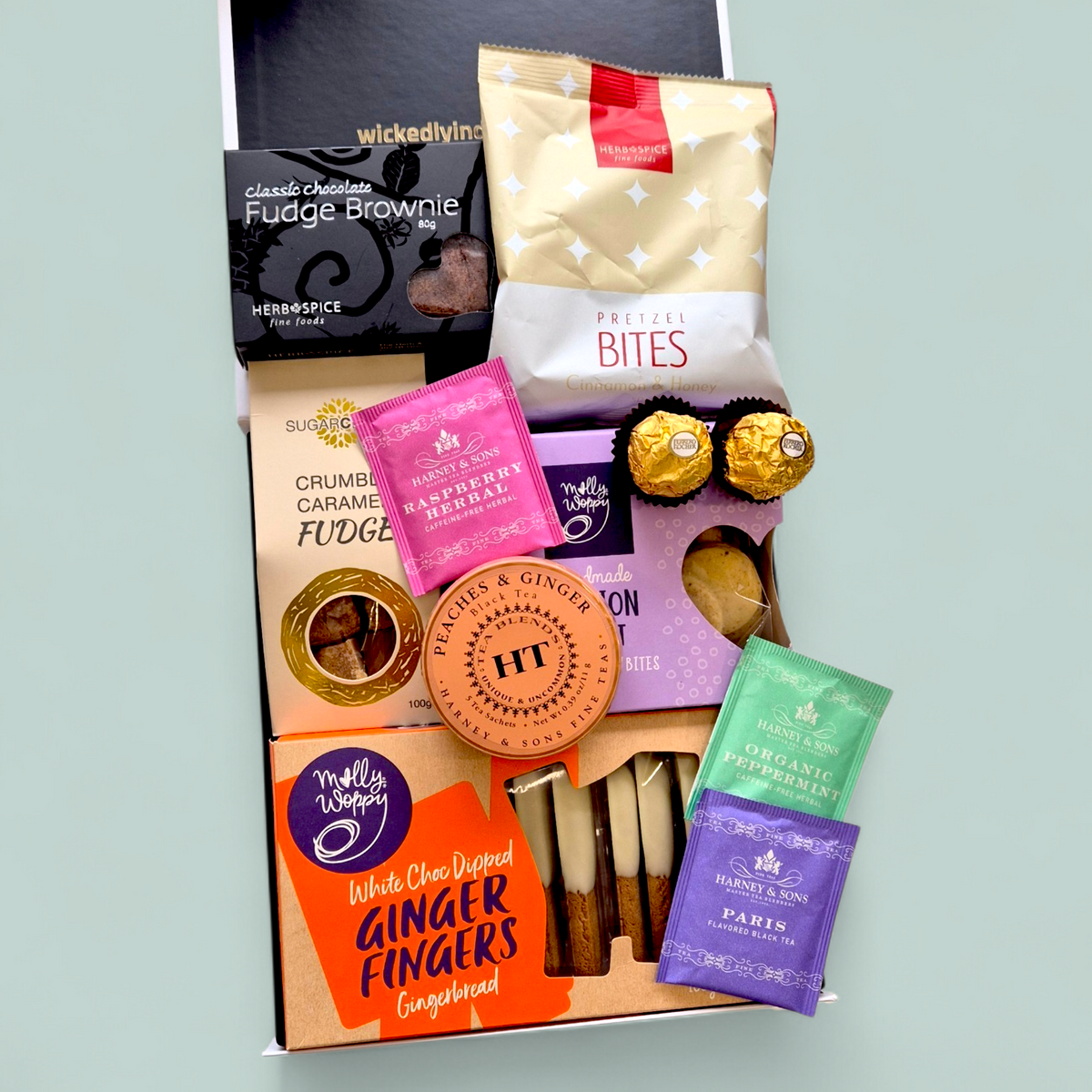 Tea gift box with premium Harney & Sons teas, biscuits, fudge and sweet treats in luxury NZ hamper