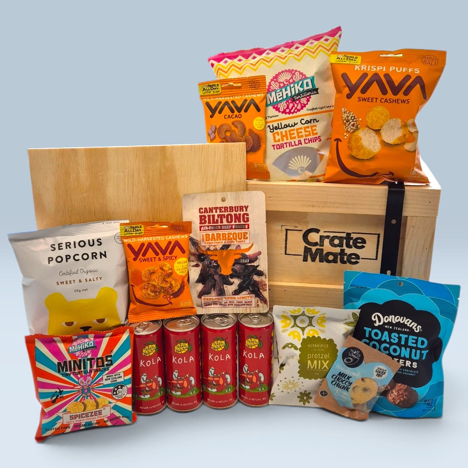 Fizz Mate non-alcoholic gift crate with Pete’s Naturals sodas, sweet and savoury snacks, wooden Crate Mate box and included crowbar.