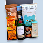 Wickedly Indulgent gluten-free dairy-free booze gift hamper NZ with 
Tanqueray Gin, vegan Solomon's Gold chocolate, Serious Popcorn, 
Serious Cookies and Yava cashews in a black & white gift box