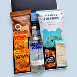 Gluten free and dairy free gift hamper with vodka, chocolate, popcorn, cookies, cashews and sweet treats in a premium Wickedly Indulgent gift box.