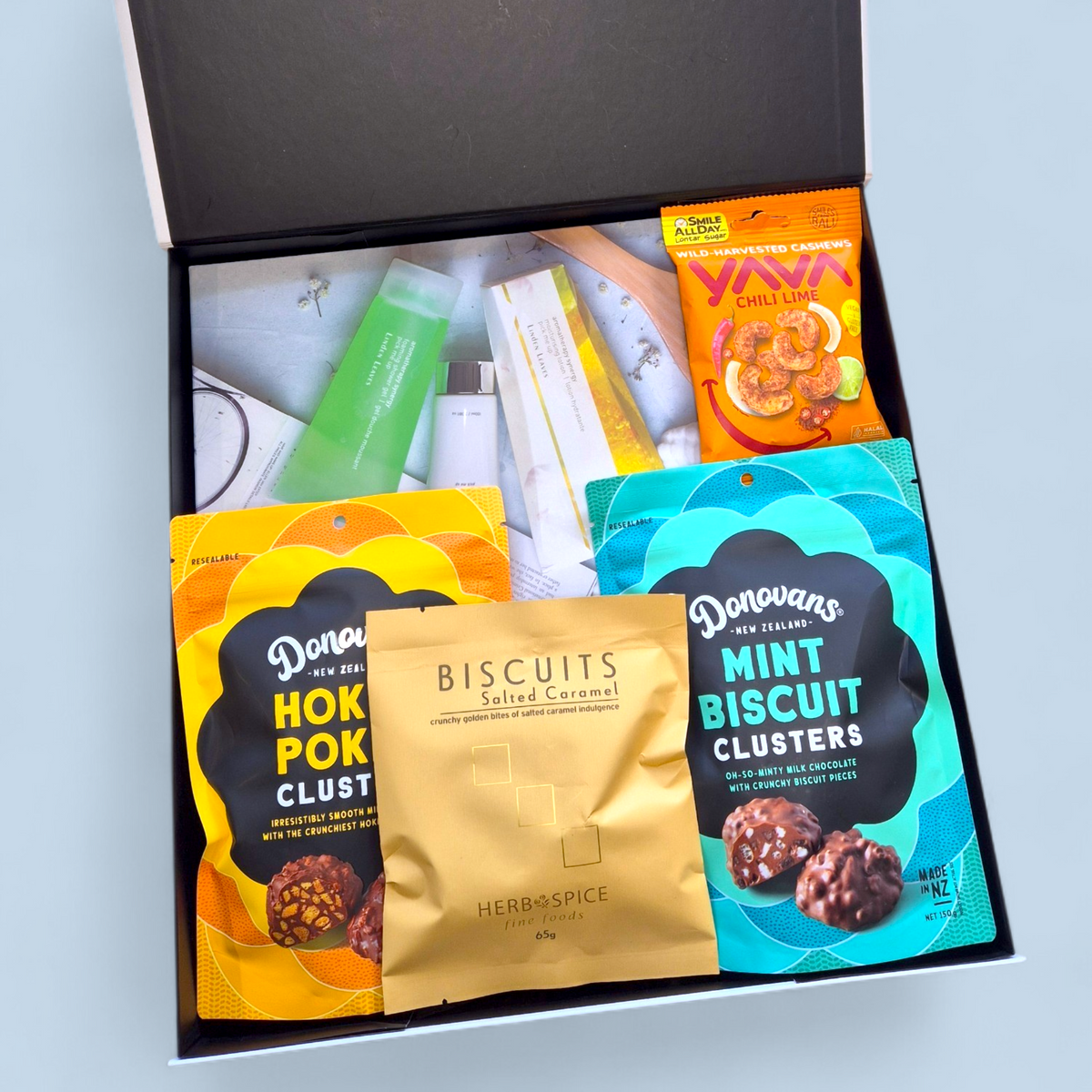 Pamper gift box for Mum with skincare, chocolate clusters and gourmet snacks NZ