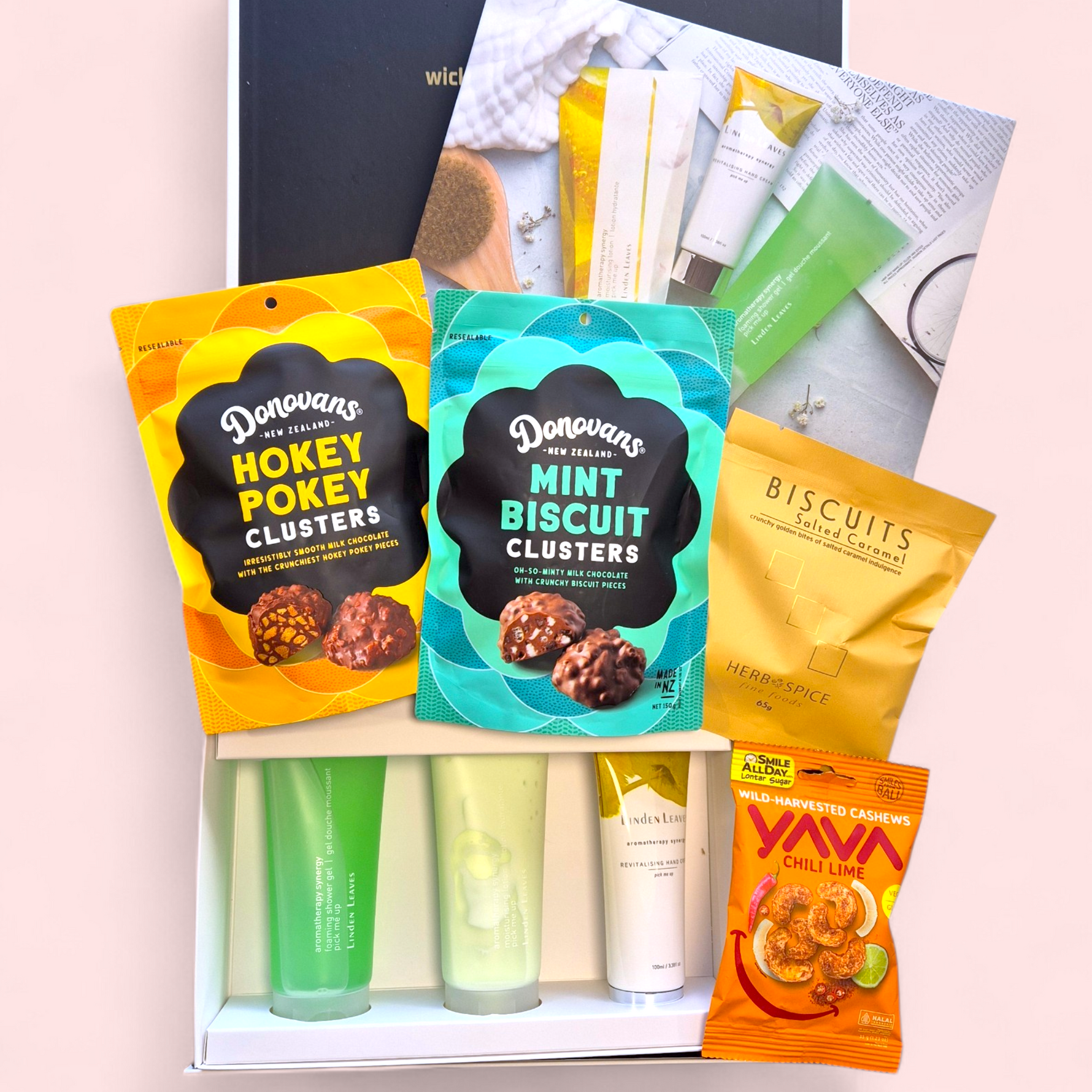 Glow and Graze Mother’s Day gift box with pamper products, chocolate and snacks in luxury NZ hamper