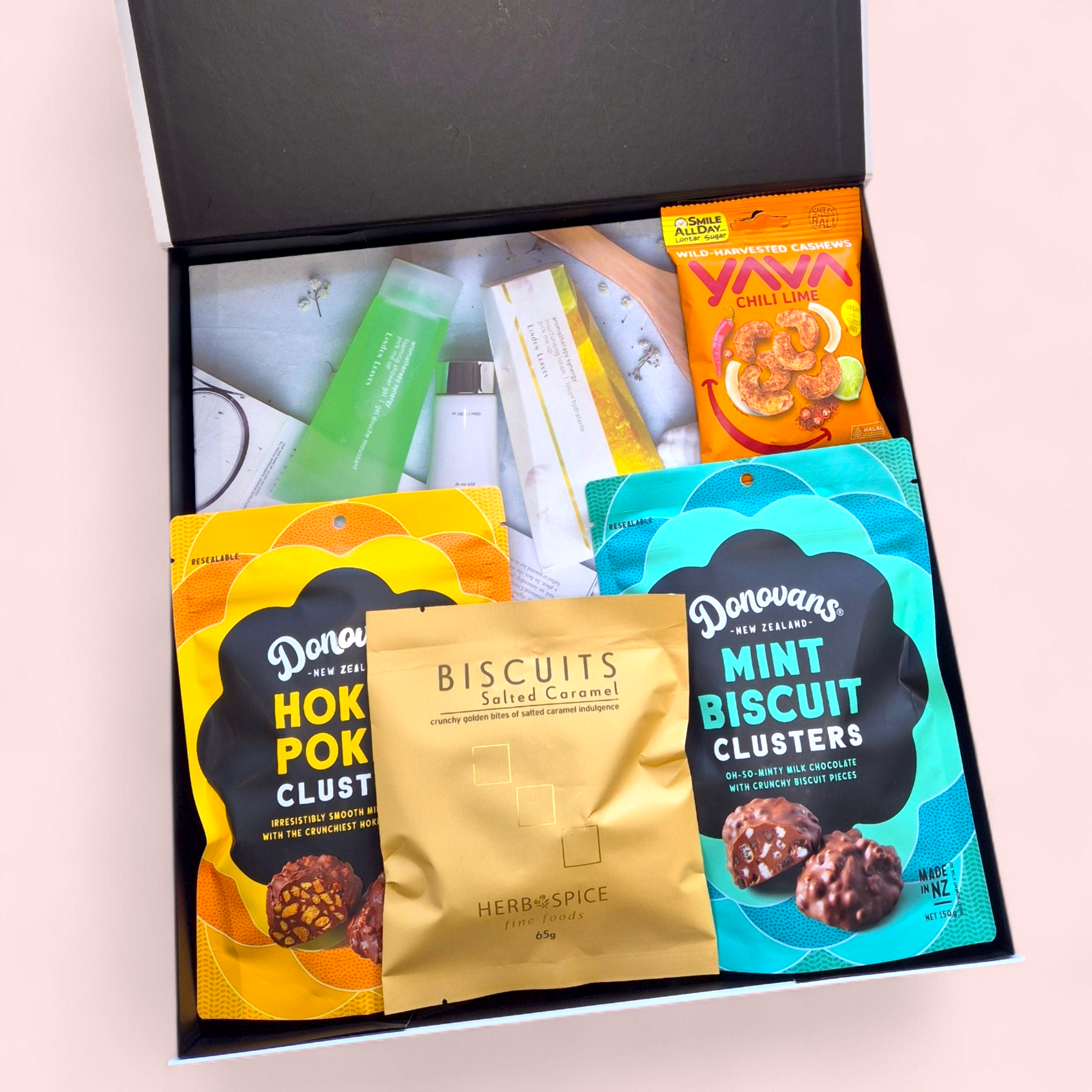 Pamper gift box for Mum with skincare, chocolate clusters and gourmet snacks NZ