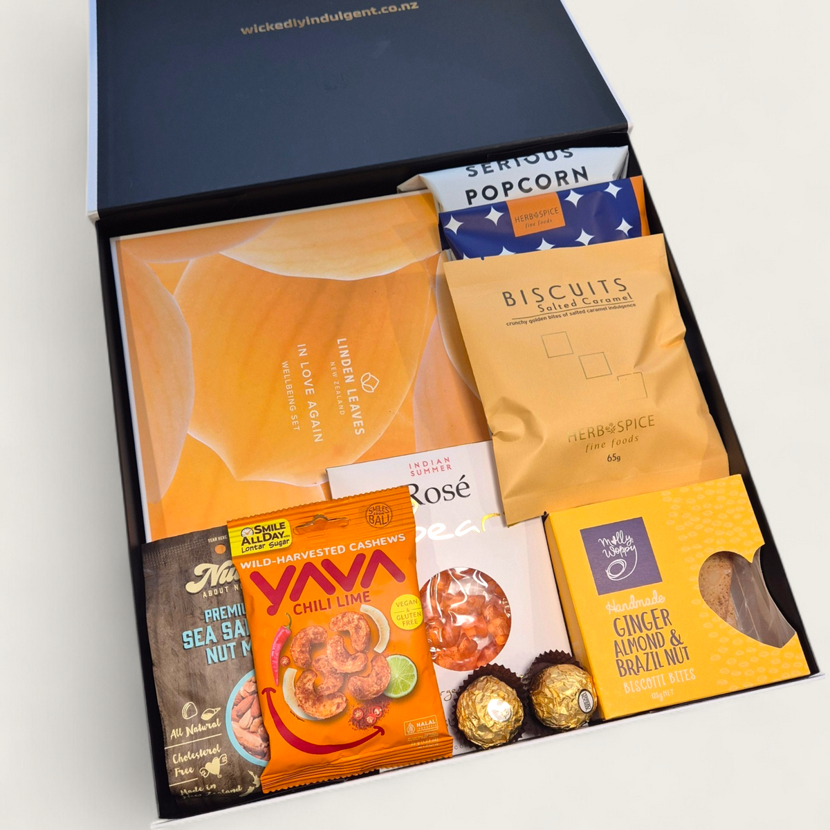 Golden Hour gift box with snacks, self care products and gourmet treats in a luxury black & white gift box, NZ delivery