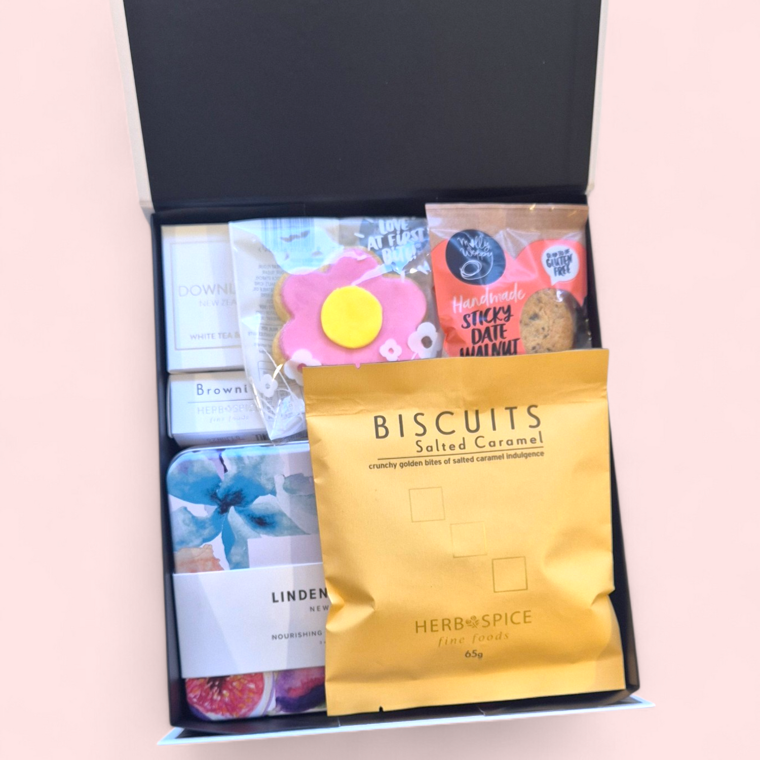 Luxury Mother’s Day gift box with Linden Leaves pamper set, candle, biscuits, cookie and snacks in signature packaging