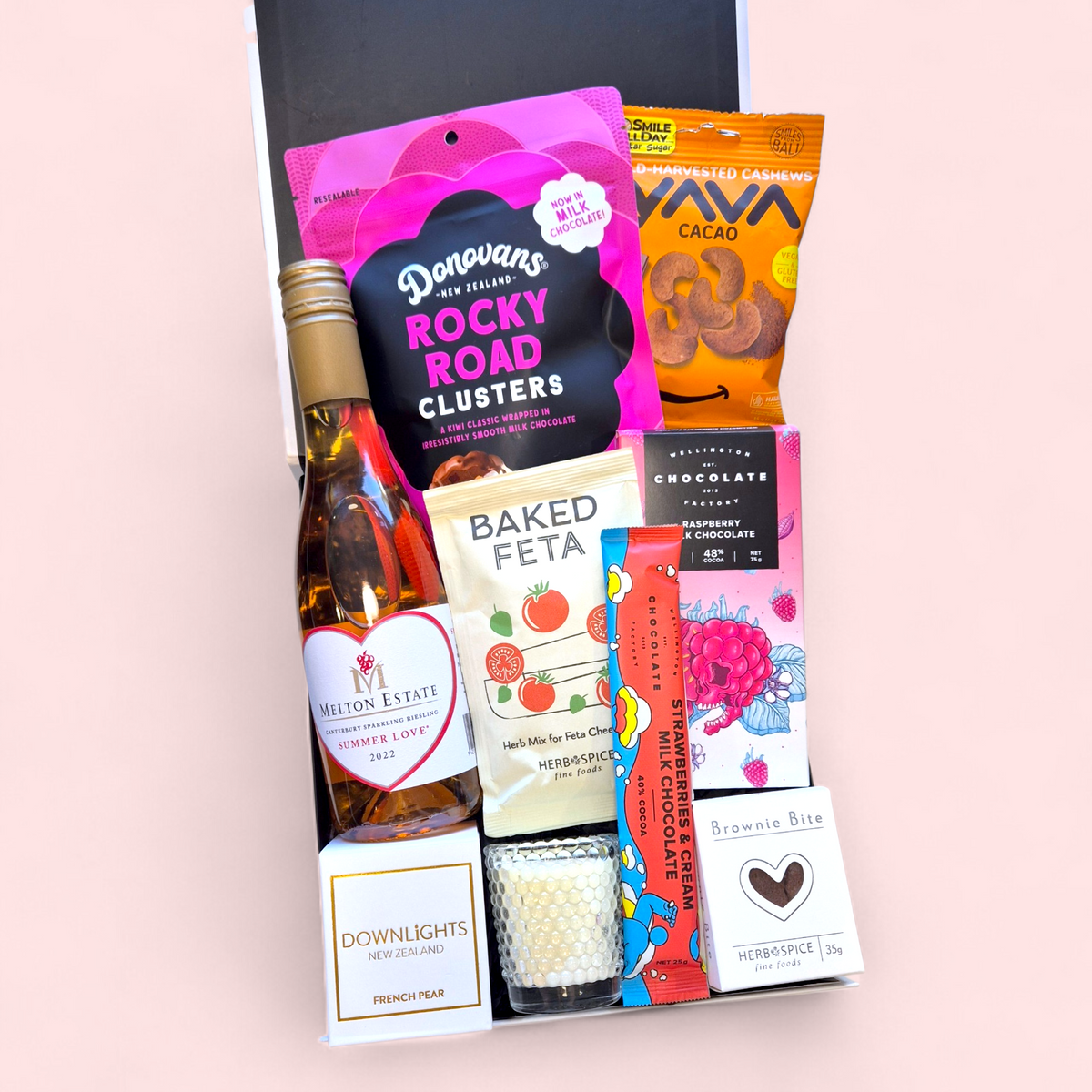 Lush Lady sparkling Riesling gift hamper with wine, chocolates, snacks and candle in a luxury gift box NZ delivery