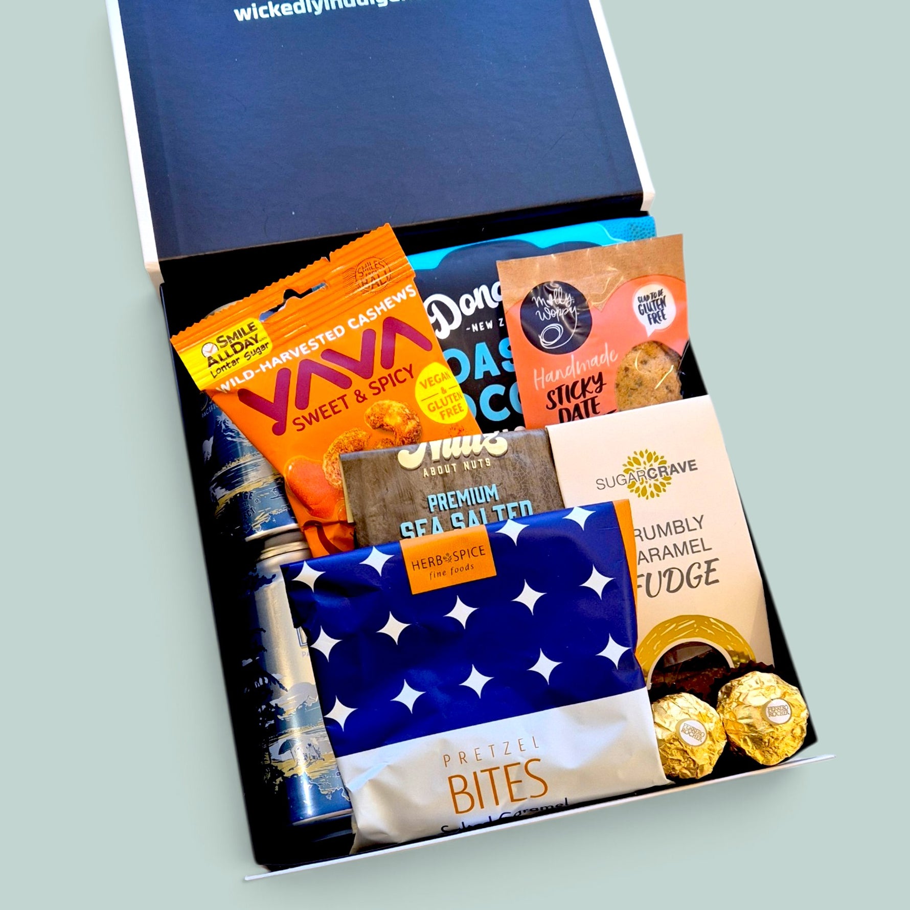 Gift hamper with Garage project Hapi Daze craft beer and snacks including nuts, Donovan's chocolate and cookies, perfect gift for him. NZ wide delivery