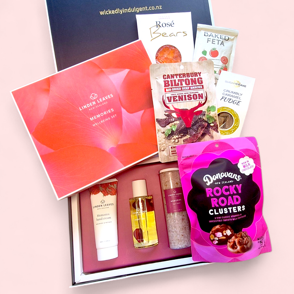 Mother’s Day gift hamper with hand cream, bath soak, body oil and gourmet treats in a luxury gift box