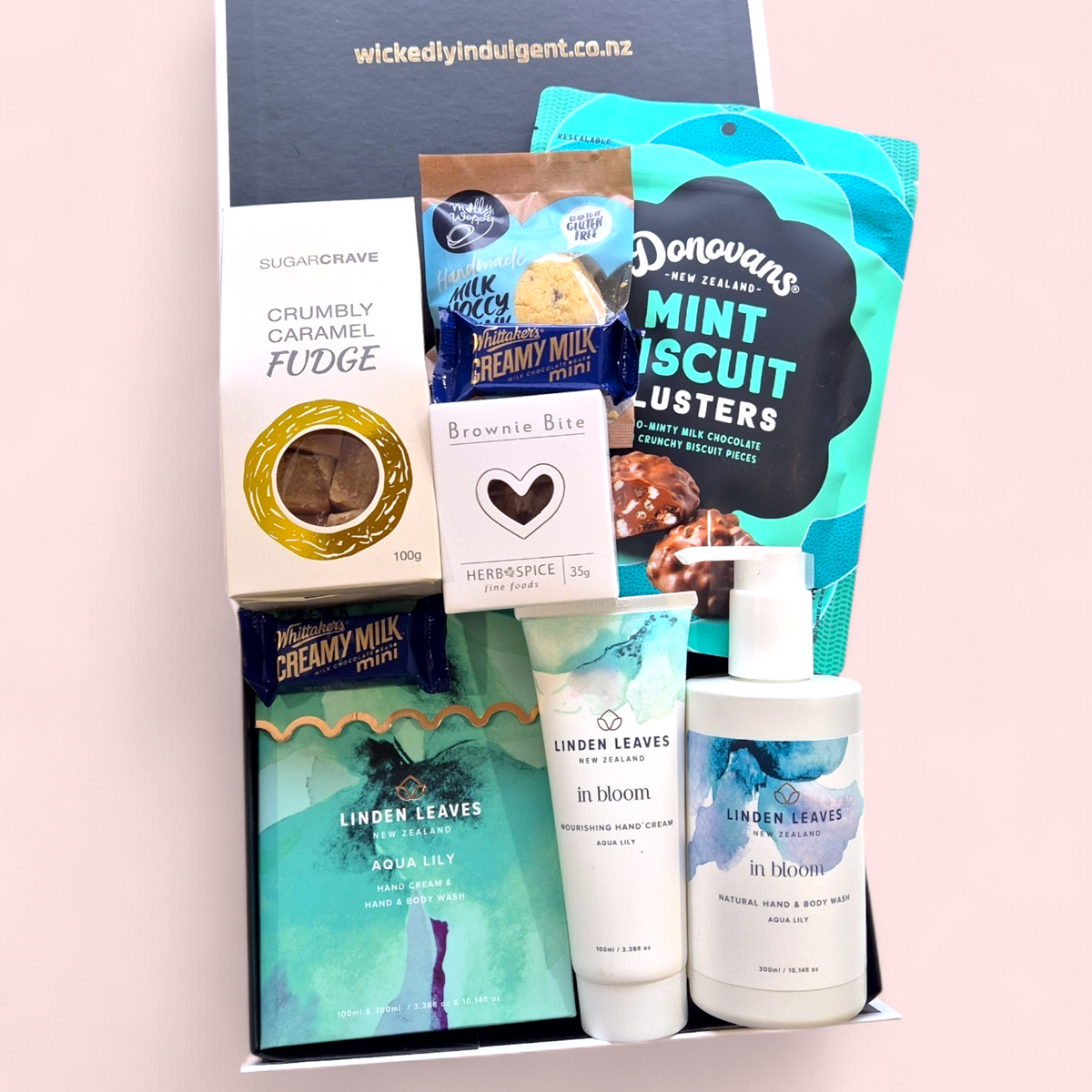 Mother’s Day pamper gift box with Linden Leaves body care, chocolate, fudge and sweet treats in a luxury black  & white gift box NZ