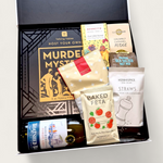 Murder Mystery gift hamper filled with artisan snacks and drinks, great for team or family game nights.
